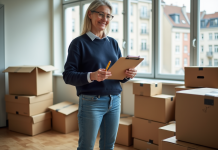Femme organisée vérifiant des cartons dans un appartement à Rennes