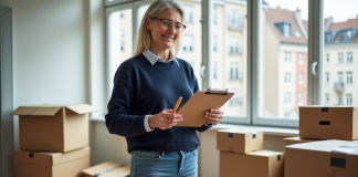 Femme organisée vérifiant des cartons dans un appartement à Rennes
