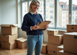 Femme organisée vérifiant des cartons dans un appartement à Rennes