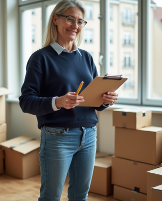 Femme organisée vérifiant des cartons dans un appartement à Rennes