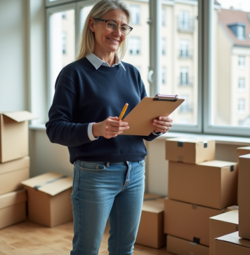 Trouver la meilleure entreprise de débarras d’appartement à Rennes : critères et astuces Femme organisée vérifiant des cartons dans un appartement à Rennes