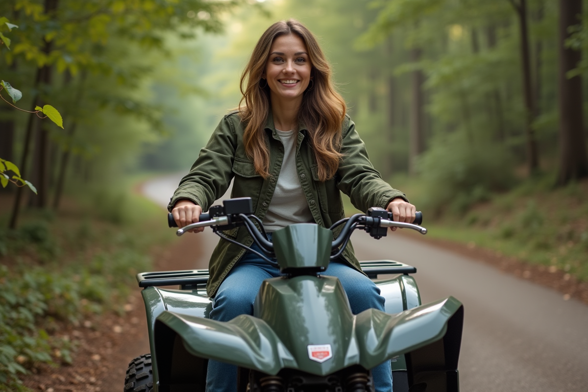 Femme sur quad dans un sentier forestier