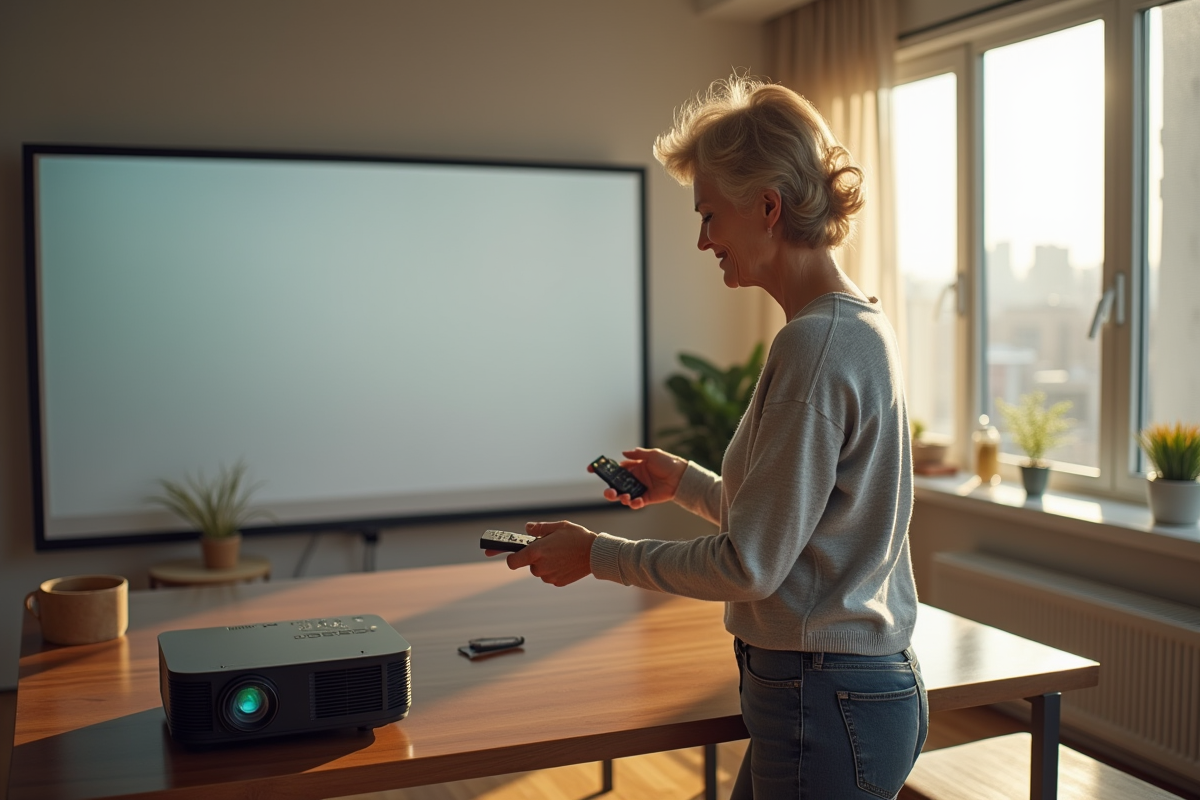 Femme ajustant un projecteur Acer dans un intérieur moderne