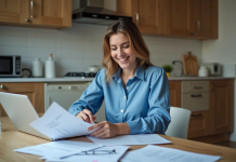 Femme souriante travaillant avec papiers et ordinateur dans la cuisine