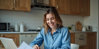 Femme souriante travaillant avec papiers et ordinateur dans la cuisine