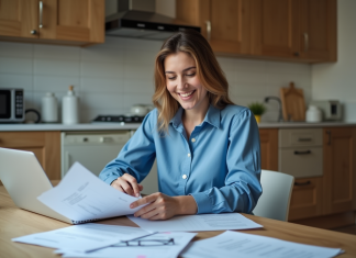 Femme souriante travaillant avec papiers et ordinateur dans la cuisine
