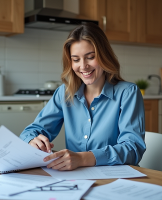 Femme souriante travaillant avec papiers et ordinateur dans la cuisine