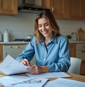 Femme souriante travaillant avec papiers et ordinateur dans la cuisine