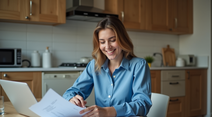 Femme souriante travaillant avec papiers et ordinateur dans la cuisine