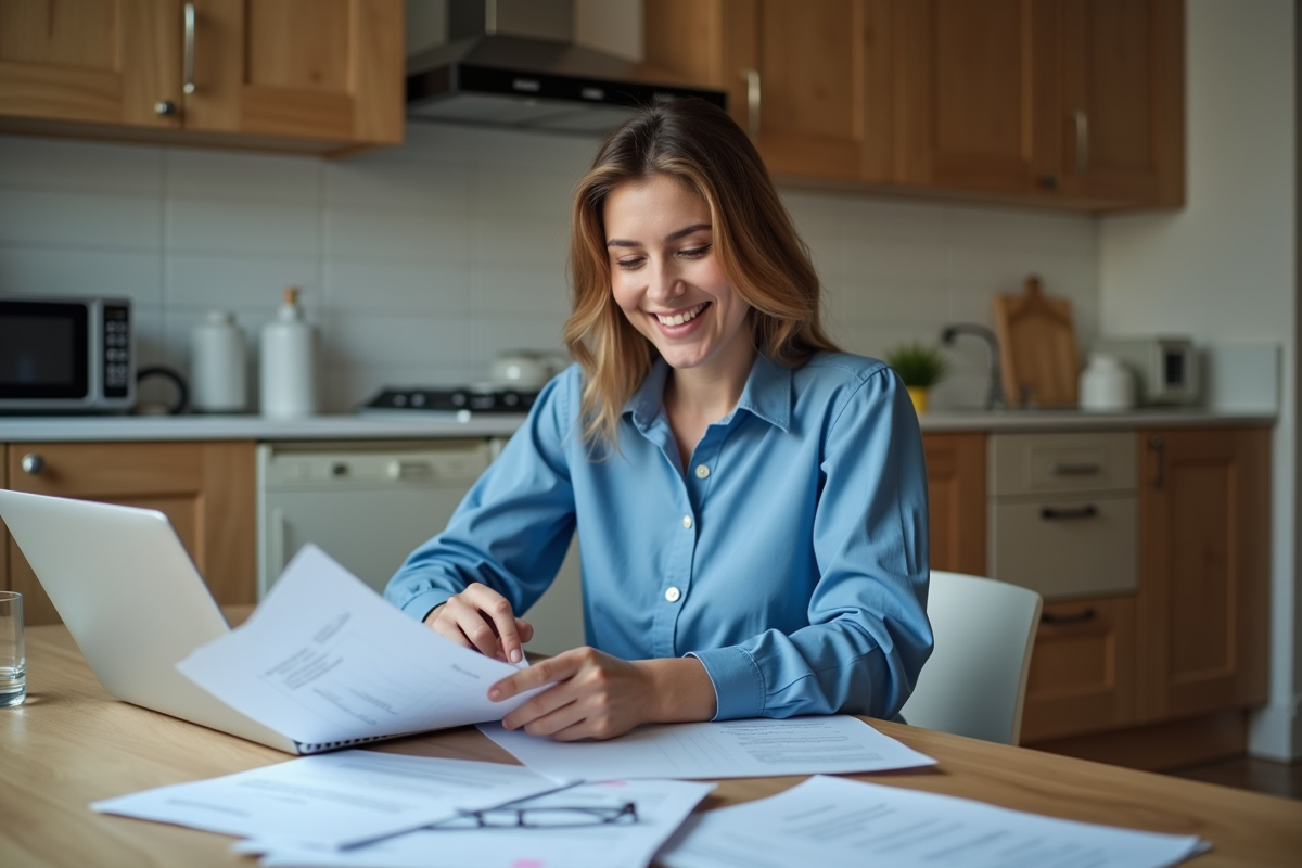 Femme souriante travaillant avec papiers et ordinateur dans la cuisine