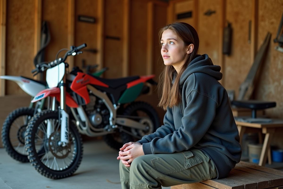 Fille adolescente observant des dirtbikes dans un garage rural