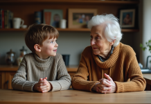 Grand-mère et enfant discutant dans la cuisine chaleureuse