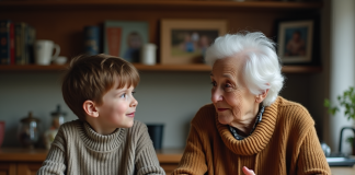 Grand-mère et enfant discutant dans la cuisine chaleureuse