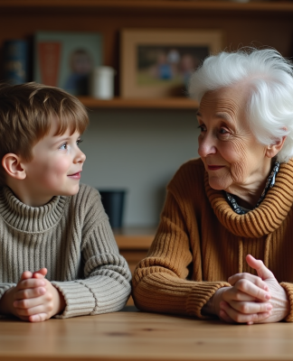 Grand-mère et enfant discutant dans la cuisine chaleureuse