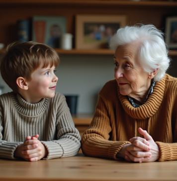 Apprentissage des valeurs : qu’apportons-nous de notre famille ? Grand-mère et enfant discutant dans la cuisine chaleureuse