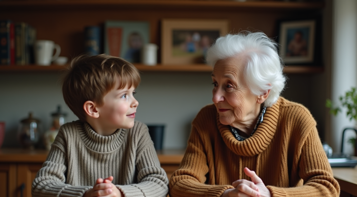 Grand-mère et enfant discutant dans la cuisine chaleureuse