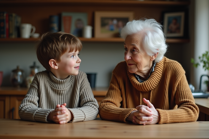 Grand-mère et enfant discutant dans la cuisine chaleureuse