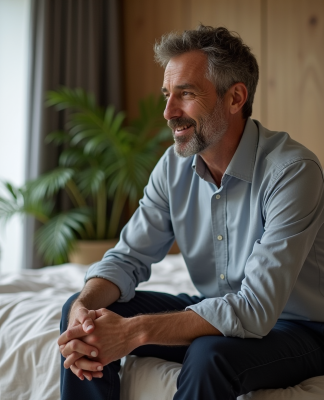 Homme détendu assis sur le lit dans une chambre moderne