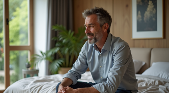 Homme détendu assis sur le lit dans une chambre moderne