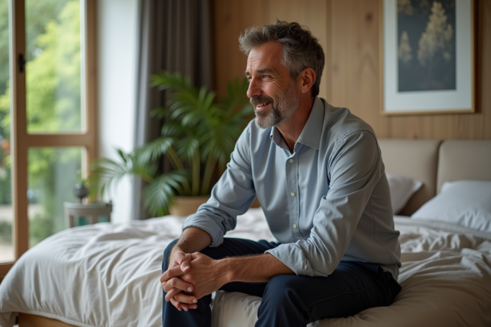 Homme détendu assis sur le lit dans une chambre moderne