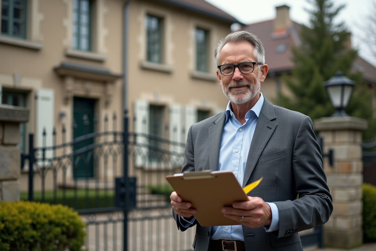 Estimateur immobilier évaluant une maison extérieurement