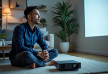 Comparatif et analyse : Le vidéoprojecteur de Acer Full HD en détail Jeune homme regardant une projection avec un projecteur Acer