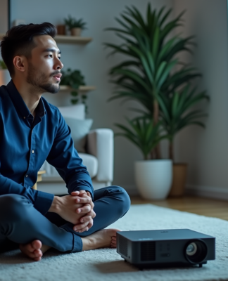 Jeune homme regardant une projection avec un projecteur Acer