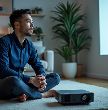 Comparatif et analyse : Le vidéoprojecteur de Acer Full HD en détail Jeune homme regardant une projection avec un projecteur Acer