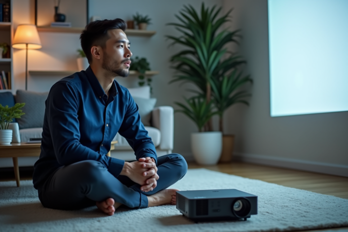 homme-projection-accueil Jeune homme regardant une projection avec un projecteur Acer