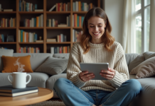 Jeune femme lisant un e-reader dans un salon cosy