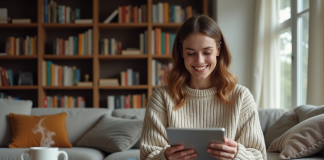 Jeune femme lisant un e-reader dans un salon cosy