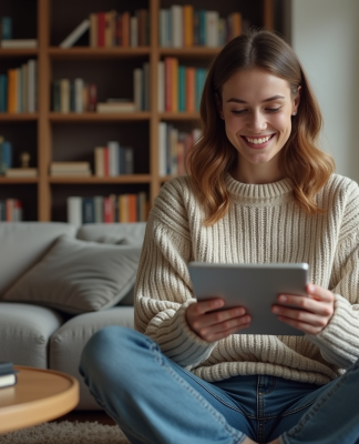 Jeune femme lisant un e-reader dans un salon cosy
