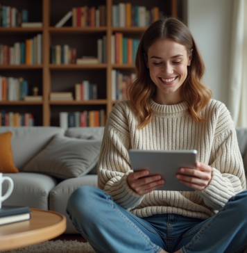 Un tour d’horizon de 1001 Ebooks et de ses offres alléchantes Jeune femme lisant un e-reader dans un salon cosy