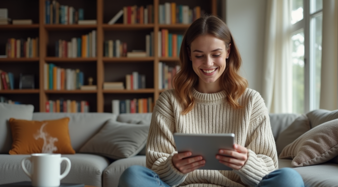 Jeune femme lisant un e-reader dans un salon cosy