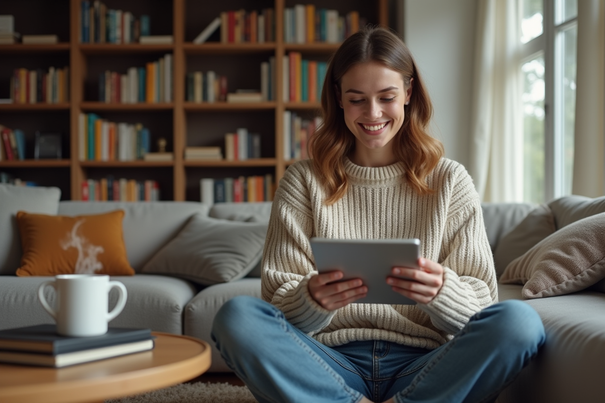 Jeune femme lisant un e-reader dans un salon cosy