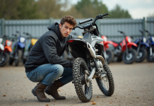 Jeune homme inspectant une moto tout-terrain en extérieur