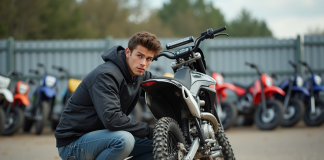Jeune homme inspectant une moto tout-terrain en extérieur