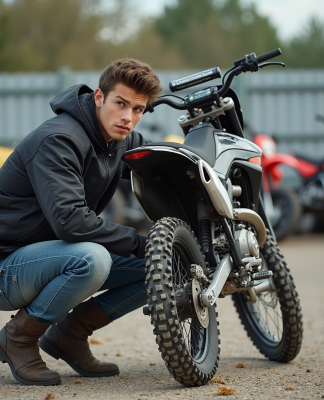 Jeune homme inspectant une moto tout-terrain en extérieur