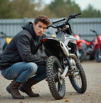 Comment choisir une dirt bike abordable sans sacrifier la qualité Jeune homme inspectant une moto tout-terrain en extérieur
