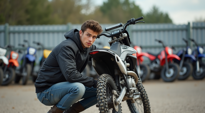 Jeune homme inspectant une moto tout-terrain en extérieur