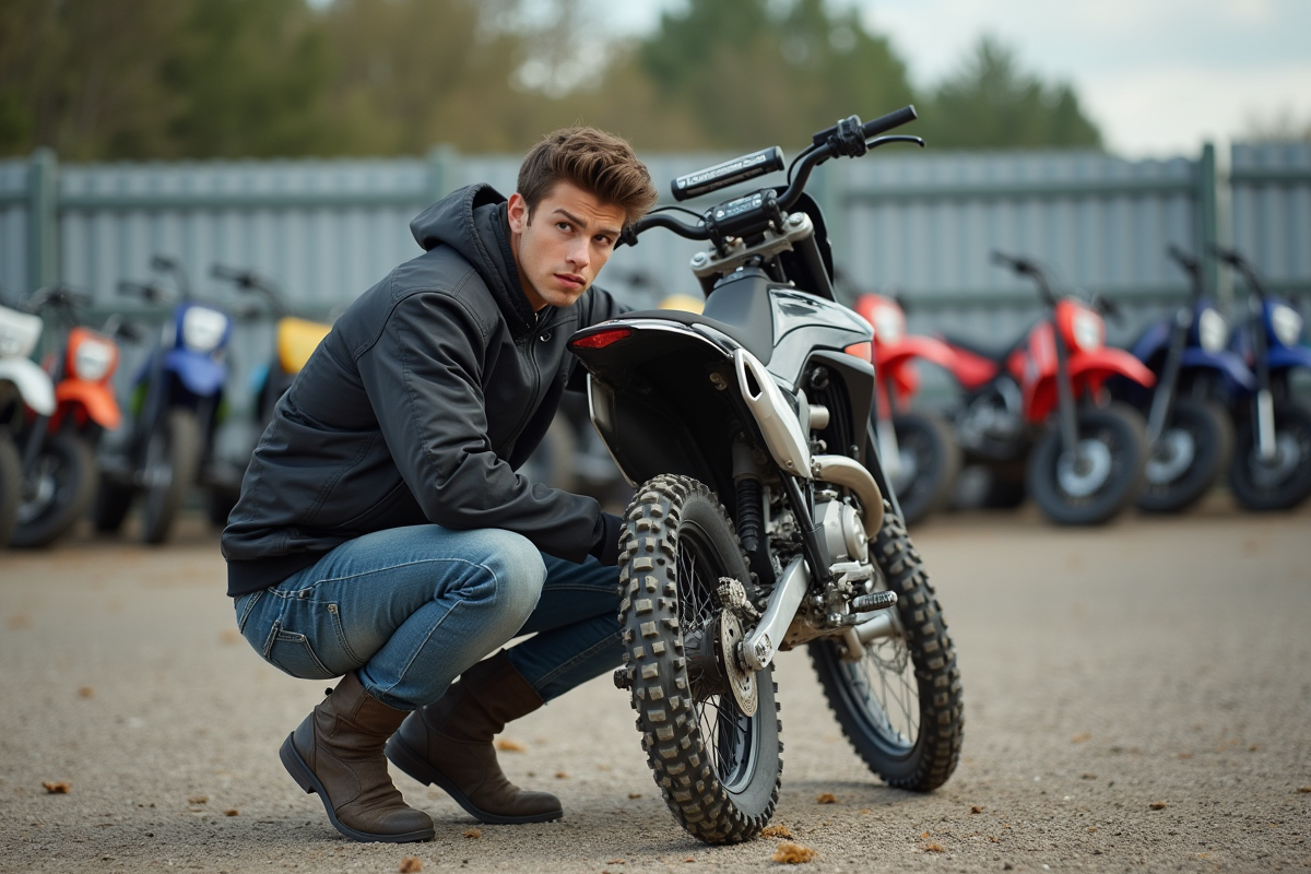 Jeune homme inspectant une moto tout-terrain en extérieur