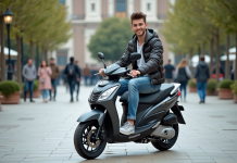 Jeune homme sur scooter en ville dynamique