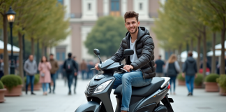 Jeune homme sur scooter en ville dynamique