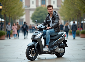 Jeune homme sur scooter en ville dynamique