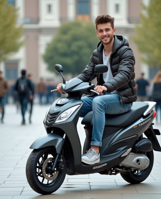 Jeune homme sur scooter en ville dynamique