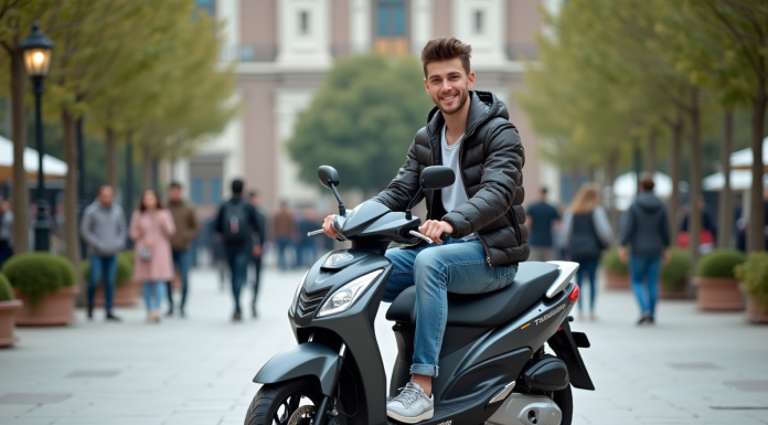 Jeune homme sur scooter en ville dynamique