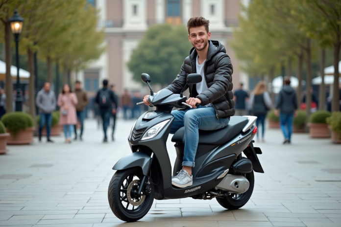 jeune-homme-scooter-ville Jeune homme sur scooter en ville dynamique