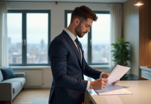 Jeune homme en costume vérifiant dossier de location dans un appartement moderne