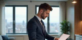 Jeune homme en costume vérifiant dossier de location dans un appartement moderne