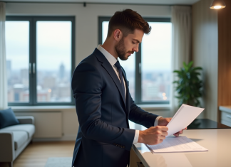 Jeune homme en costume vérifiant dossier de location dans un appartement moderne